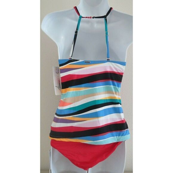 Anne Cole 21MT20686 Sz S Multicolor Striped Tankini Top, Sz XS Red Bikini Bottom - Picture 2 of 8